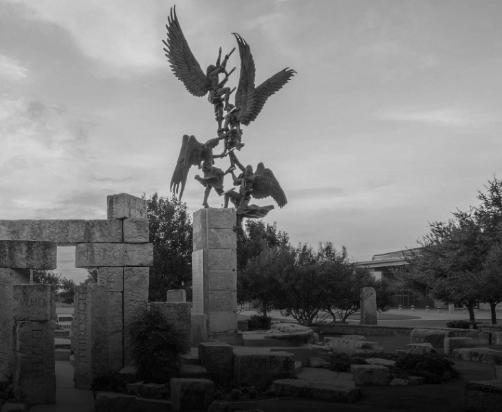Jacob's Dream Sculpture at Abilene Christian University featuring four 8-foot-tall angels climbing up a ladder to reach heaven
