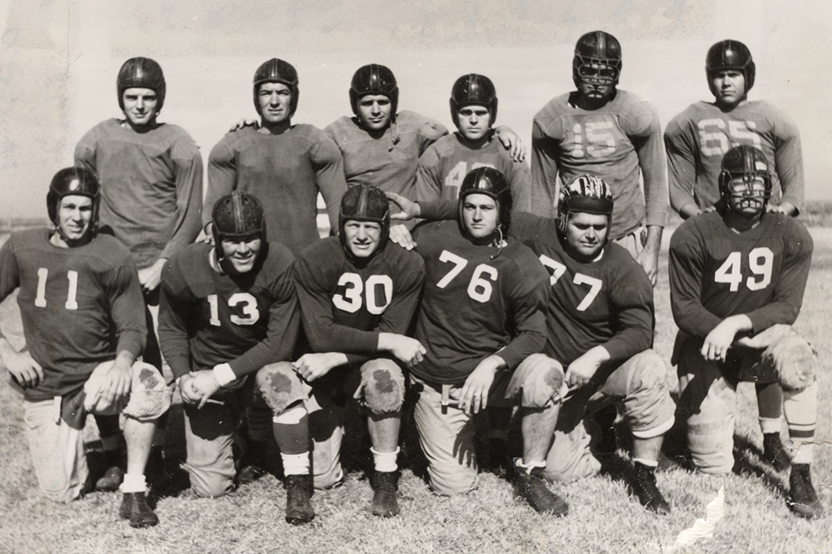 Stories and historical images abound in Lance Fleming's new book about ACU football. Here, a few of the 1941 Wildcats – some wearing early models of face masks – pose for a publicity photo during practice. 