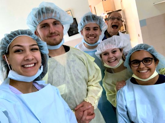 A group of students prepare to assist at a hospital in Haiti. From left are MaKenna Long, Brian Switzenberg, Aleksander Cook, Sabrina Zeiler and Ashley Baca.