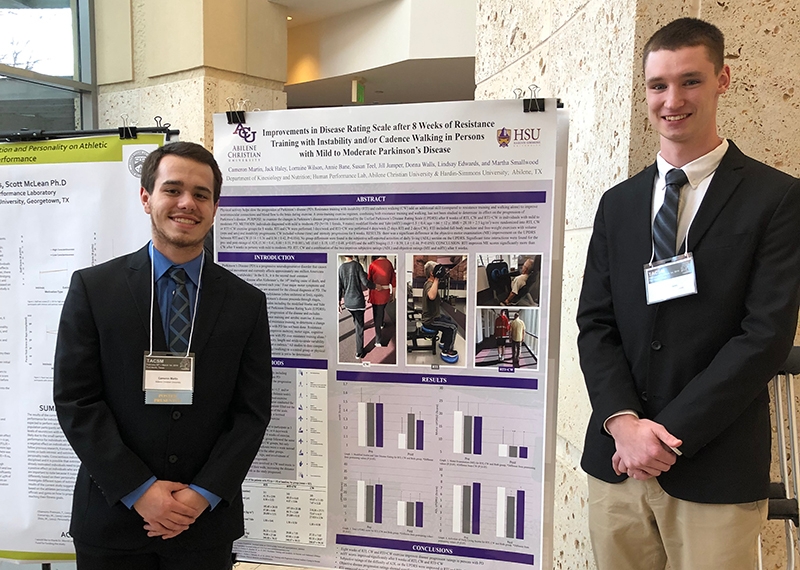 Cameron Martin, left, and Jack Haley also presented research posters at the meeting. All four students are kinesiology majors at ACU.