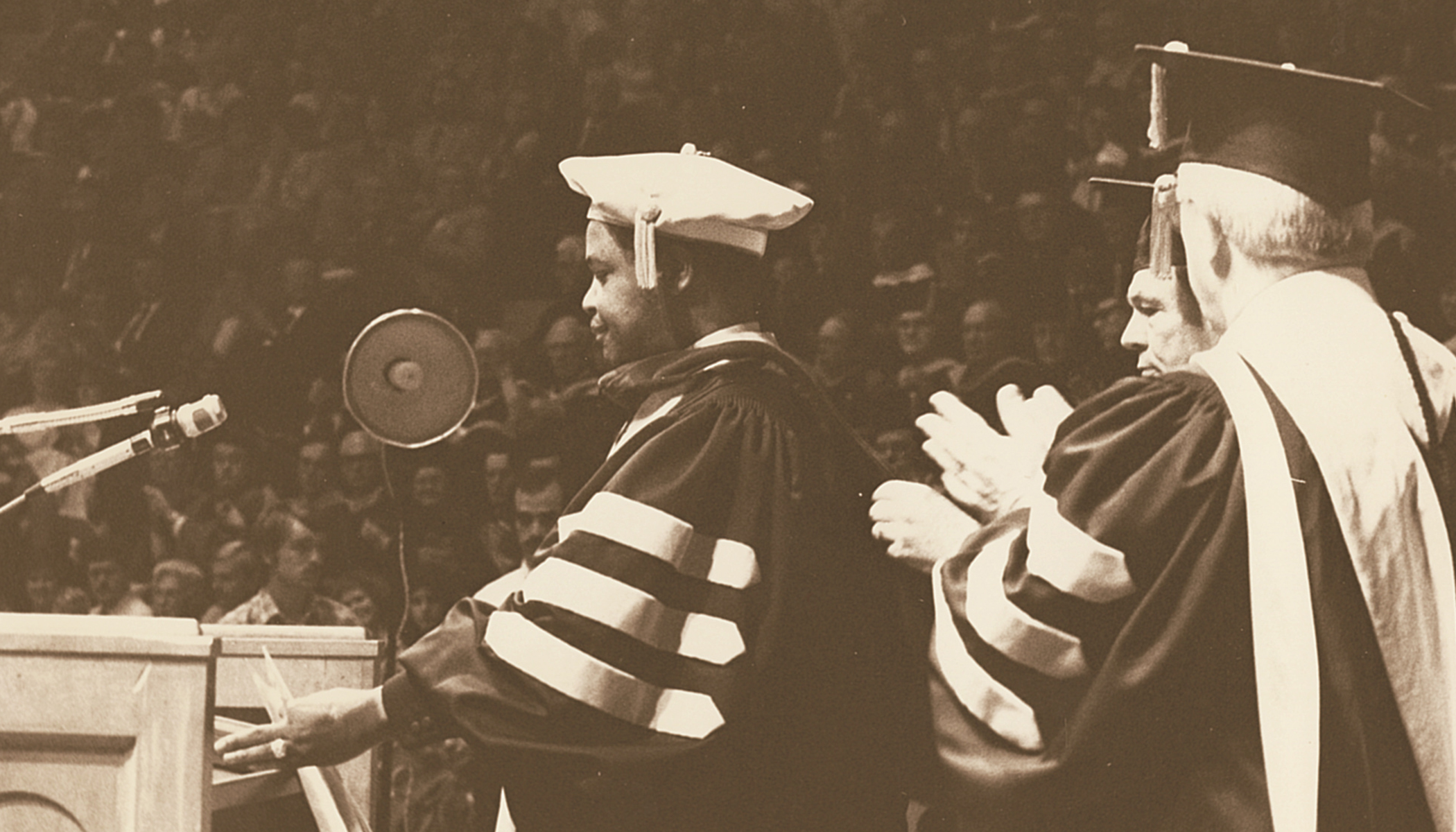 Evans (left) received an honorary Doctor of Laws degree from ACU in May 1970. Board chair Ray McGlothlin Jr. (second from right) and president Dr. Willliam J. Teague (right) officiated at the ceremony.