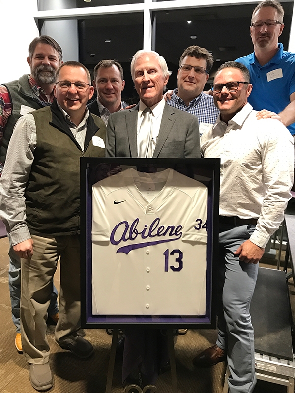 Among Gilbreth’s many former players to celebrate with him Saturday night were (back, from left): Mike Morgan (’95), Manning Guffey (’94), Steve Montfort (’92) and Kyle Heller (’93), and (front) Jason West (’93) and Mark McAdams (’95).