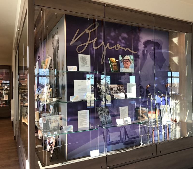 Display cases in the clubhouse document Nelson’s record-setting career and legacy in the game of golf.