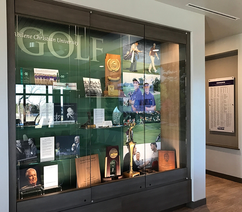 A display case in the clubhouse celebrates Wildcat golf history and Byron Nelson’s connection to the university.