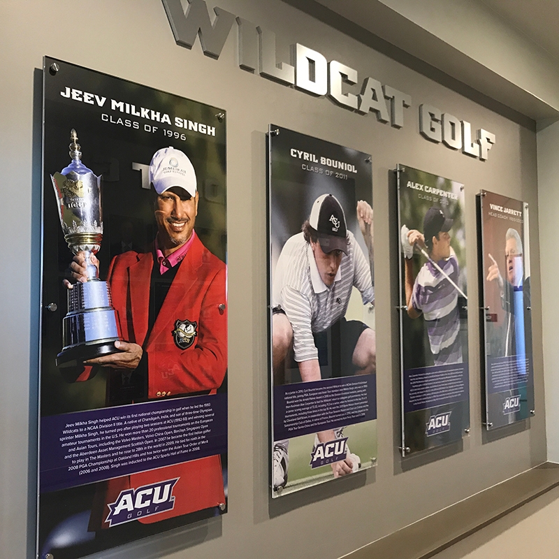 Clubhouse displays recognize the top players and coach in Wildcat golf history: Jeev Milkha Singh (’93), Cyril Bouniol (’11), Alex Carpenter (’13) and the late head coach Vince Jarrett.
