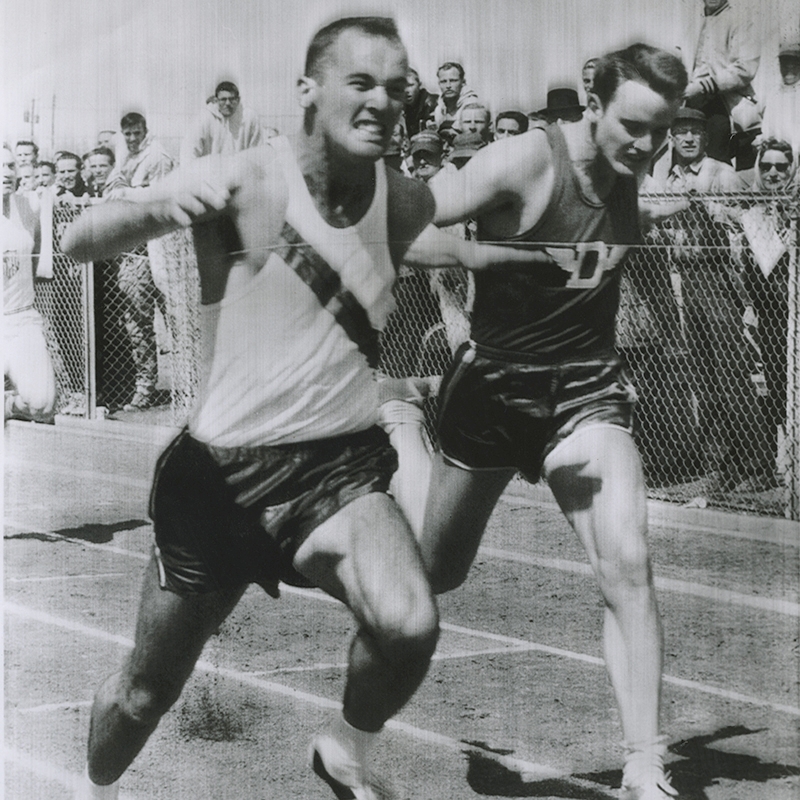 Morrow nips Dave Sime by inches during the 100-yard dash on March 21, 1959, at the West Texas Relays in Odessa. Sime and Morrow dueled numerous times as the world’s top two sprinters.