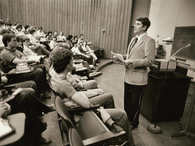 Drennan taught large COBA classes in the Mabee Business Building in 1984.