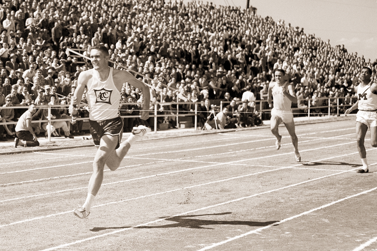 Earl Young anchors his ACU relay team to victory over Texas, Michigan and Ohio State during the 1961 quadrangular meet in Abilene between the Wildcats, Longhorns, Wolverines and Buckeyes.