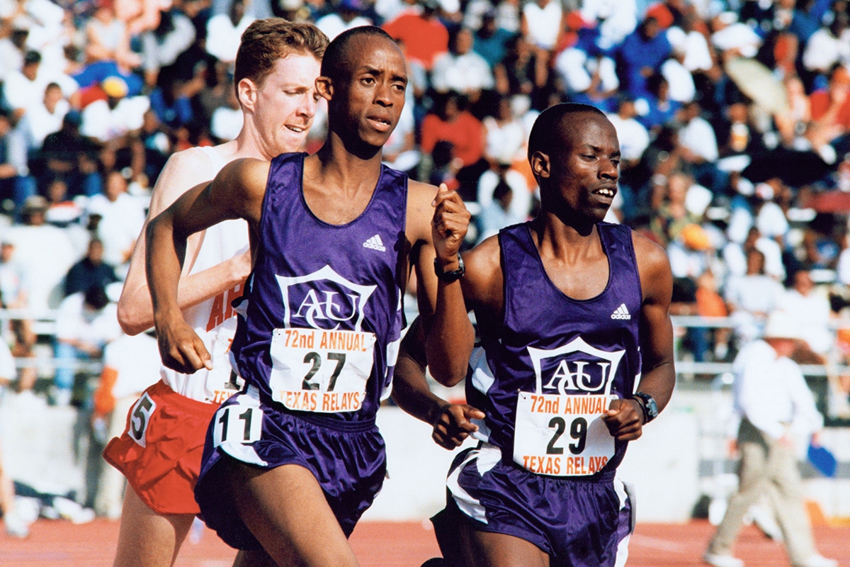 ACU distance stars Alfred Rugema and Gilbert Tuhabonye compete in the 2001 Texas Relays in Austin.