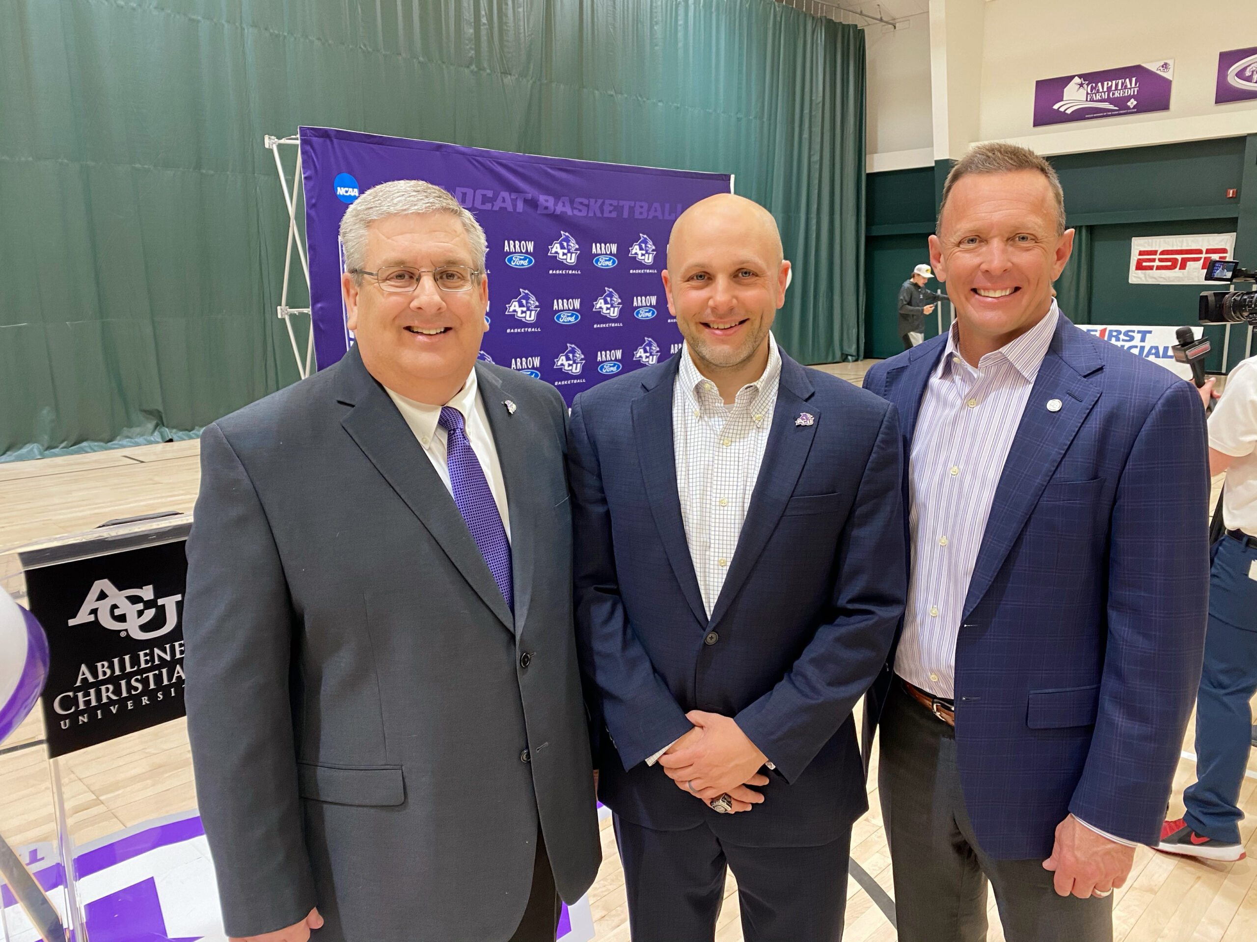 (From left) ACU athletics director Allen Ward, men's basketball head coach Brette Tanner and president Dr. Phil Schubert during press conference.
