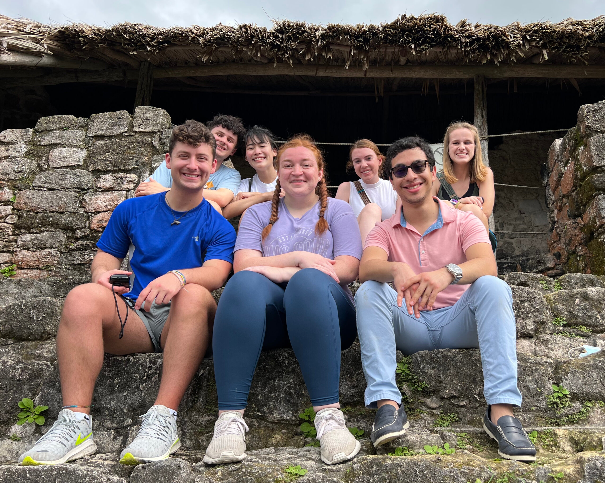 Students pose for a photo while touring the Kohunlich archaeological site in Mexico. Front row from left are Daniel Dossey, Lilyana Beebe (auditing the course) and Jared Yanez. Back row from left are Zachary Smith, Lauren Lee, Avery Clark and Rebekah Curry.